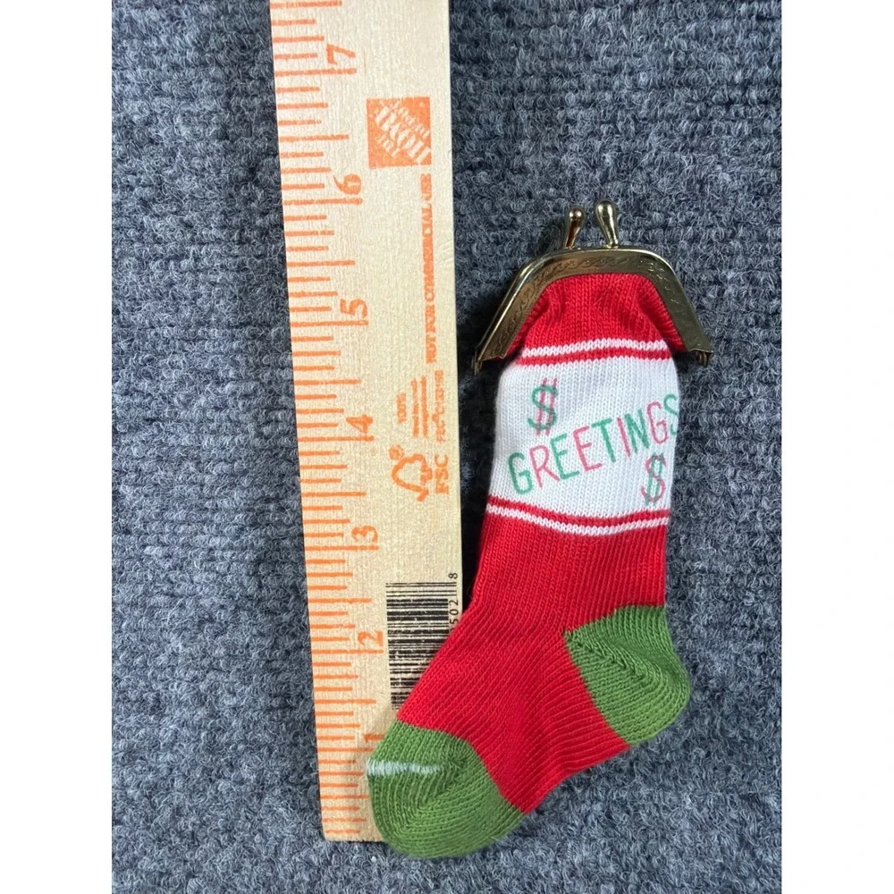 Vintage Christmas Stocking Coin Purse Kiss Lock Greetings Money Sock Red Green